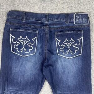 Vintage Helix Jeans Mens 38x30 Bootcut Embroidered Flames Cross Y2K Grunge Baggy